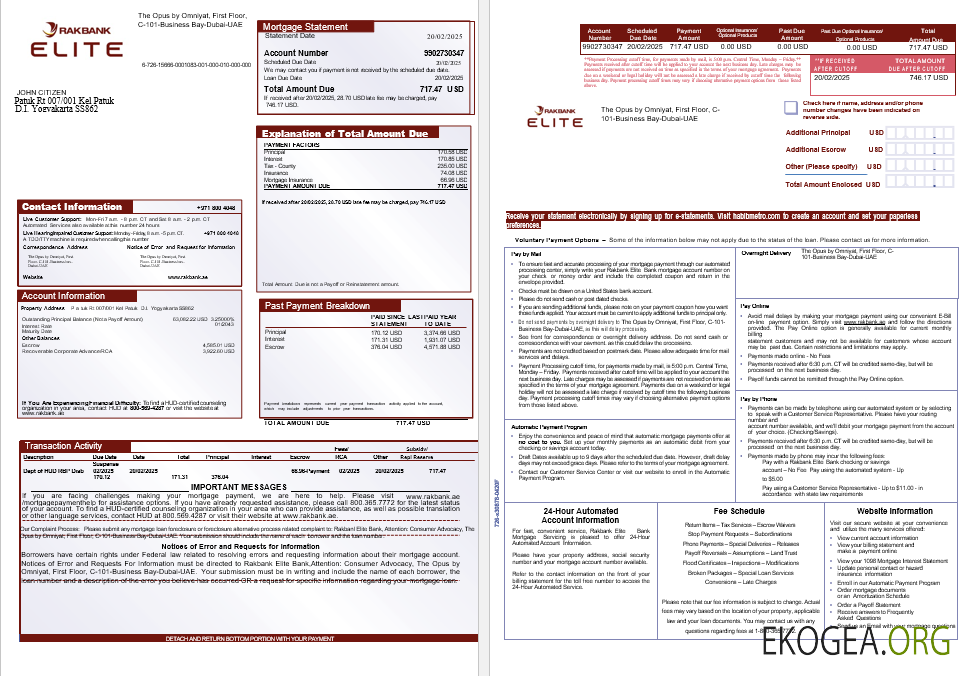 Relevé hypothécaire de la banque UAE Rakbank Elite aux formats Word et PDF, 3 pages 1 , 2
